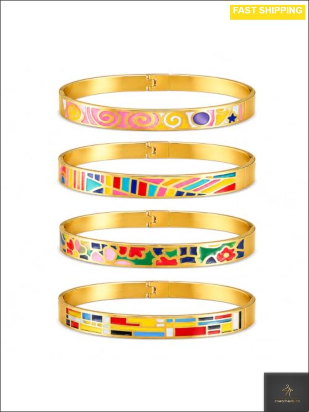 18K Gold Plated Stainless Steel Enamel Bangle Set 4Pcs Stackable Floral